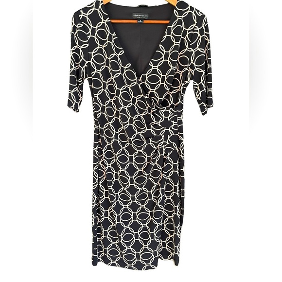 🔥🖤Connected Apparel size 6 black/tan faux wrap dress with cinched waist. NICE - Picture 1 of 7